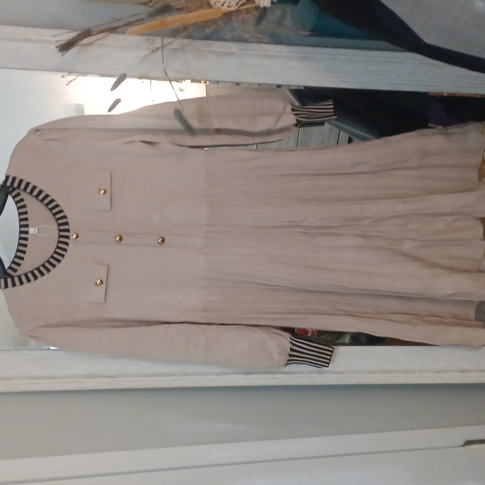 Beige Sweater Dress with Striped Accents